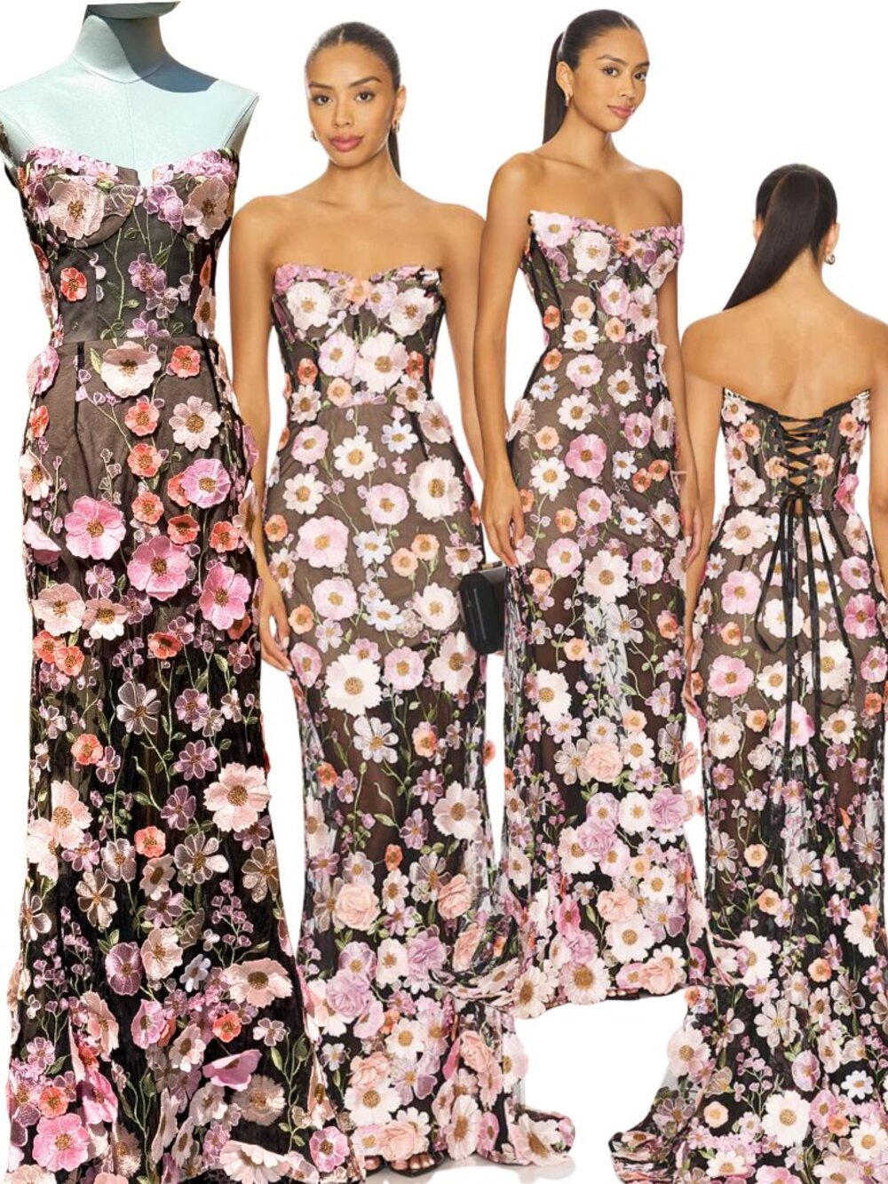 🆕 BRONX & BANCO 🧿 NWOT Jasmine Floral-Appliqued Gown, Black Multi - Sz M US 6